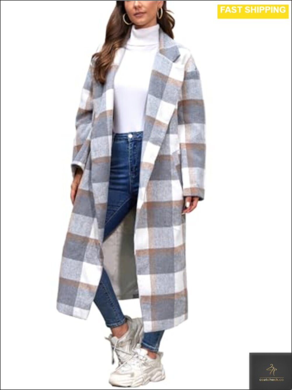 Women's Plaid Wool Blend Pea Coat Long Sleeve Button Down Trench Jacket